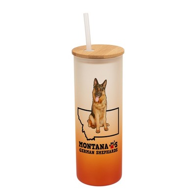 Elanze Designs The Treasure State Montana Loves German Shepherds Orange and White Ombre Frosted Glass Travel Tumbler with Straw and Wooden Lid, 25