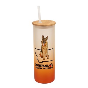 Elanze Designs The Treasure State Montana Loves German Shepherds Orange and White Ombre Frosted Glass Travel Tumbler with Straw and Wooden Lid, 25 - 1 of 4