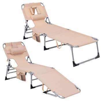 Costway 2PCS Outdoor Beach Lounge Chair Folding Chaise Lounge with Pillow Beige