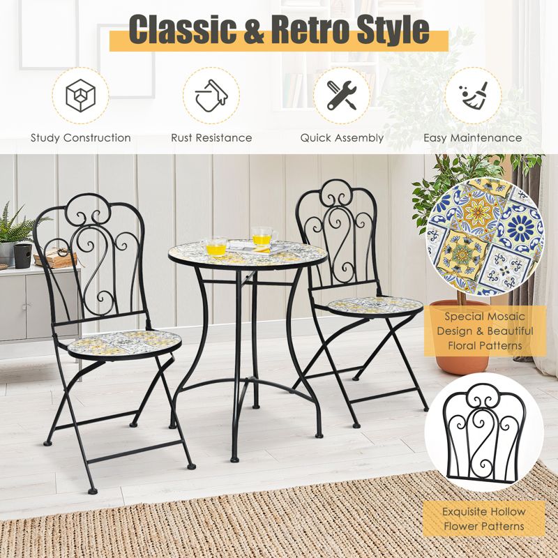 Tangkula 2PCS Outdoor Mosaic Folding Bistro Chairs Patio Chairs with Ceramic Tiles Seat and Exquisite Floral Pattern Yellow Seat, 2 of 8