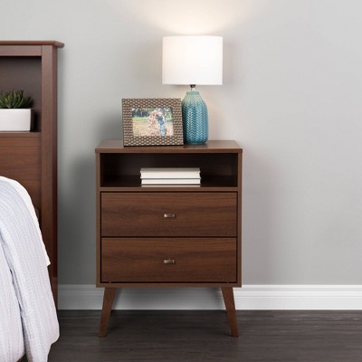 Cherry Wood and Brass Mid-Century Modern Nightstand with Open Shelf