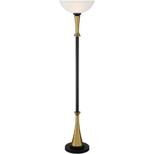 Possini Euro Design Burbank Modern Art Deco Torchiere Floor Lamp 70" Tall Black Brass Frosted White Glass Shade for Living Room Bedroom Office House - 1 of 4