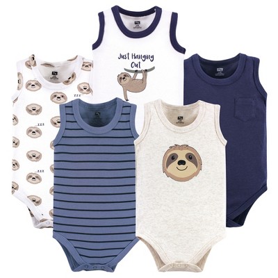 Image of Hudson Baby Infant Boy Cotton Sleeveless Bodysuits 5pk, Sloth, 9-12 Months