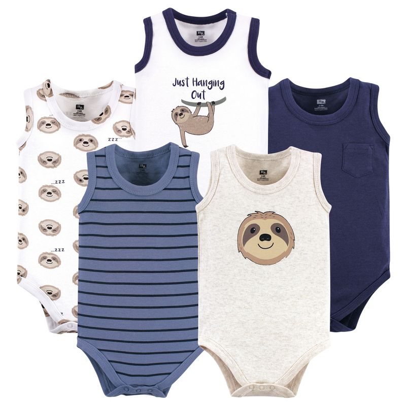 Hudson Baby Infant Boy Cotton Sleeveless Bodysuits 5pk, Sloth, 1 of 8