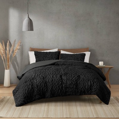 King Black Ruched Faux Fur Comforter Set