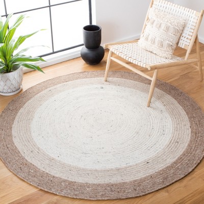 Ivory and Beige Round Braided Wool Area Rug, 5' Diameter