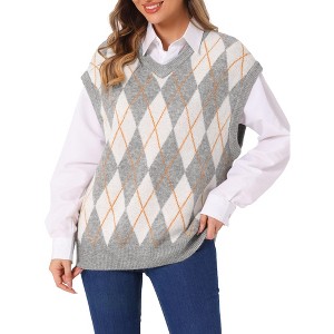 Seta T Women's Contrast Color V Neck Sleeveless Knit Loose Pullover Sweater Vest - 1 of 4