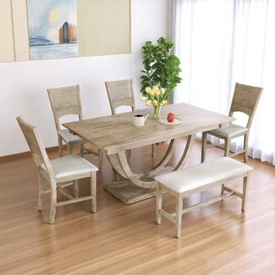 6-Piece Modern Dining Table Set with Bench and 4 Upholstered Chairs, Solid Wood Half-Round Base Kitchen Dining Room Furniture