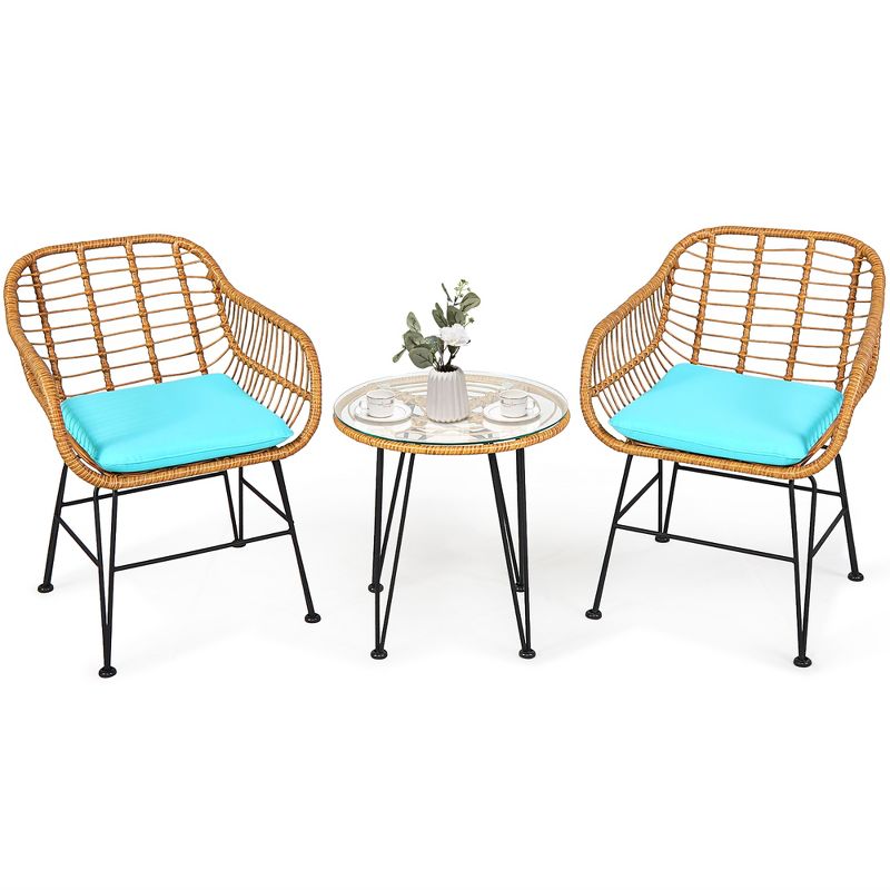 Costway 3PCS Patio Rattan Bistro Furniture Set Cushioned Chair Table, 4 of 11