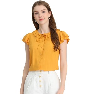 Allegra K Women's Ruffle Sleeve Tie Neck Button Front Flounce Neck Cotton Work Blouse - 1 of 4