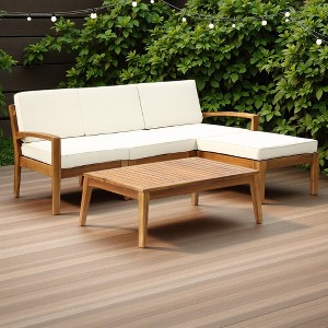 78" Outdoor Patio L-Shaped Acacia Wood Sectional Sofa Set with Coffee Table and Ottoman - 1 of 4