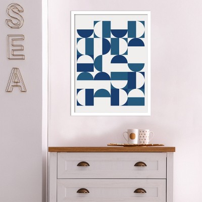 Blue and White Geometric Abstract Print in Maple Frame