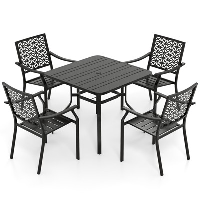 Tangkula 5-Piece Outdoor Furniture Black Metal Patio Dining Set for 4 Large Square Table & 4 Stackable Armchairs w/ Umbrella Hole Slatted Table