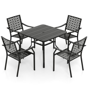 Tangkula 5-Piece Outdoor Furniture Black Metal Patio Dining Set for 4 Large Square Table & 4 Stackable Armchairs w/ Umbrella Hole Slatted Table - 1 of 4