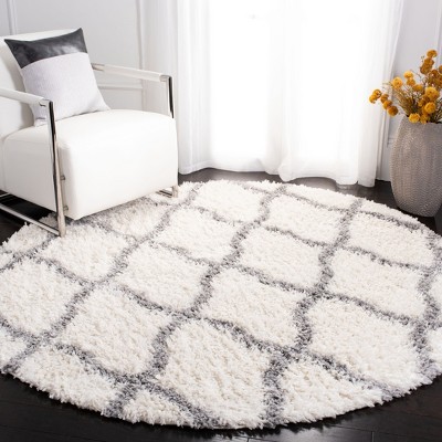 Ivory and Gray Round Shag Area Rug with Braided Tassels