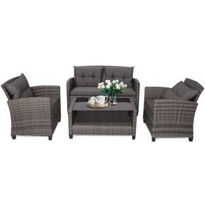 Tangkula 4-Piece Outdoor Patio Furniture Set Rattan Wicker Conversation Sofa Set with Coffee Table - 1 of 4