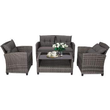 Tangkula 4-Piece Outdoor Patio Furniture Set Rattan Wicker Conversation Sofa Set with Coffee Table