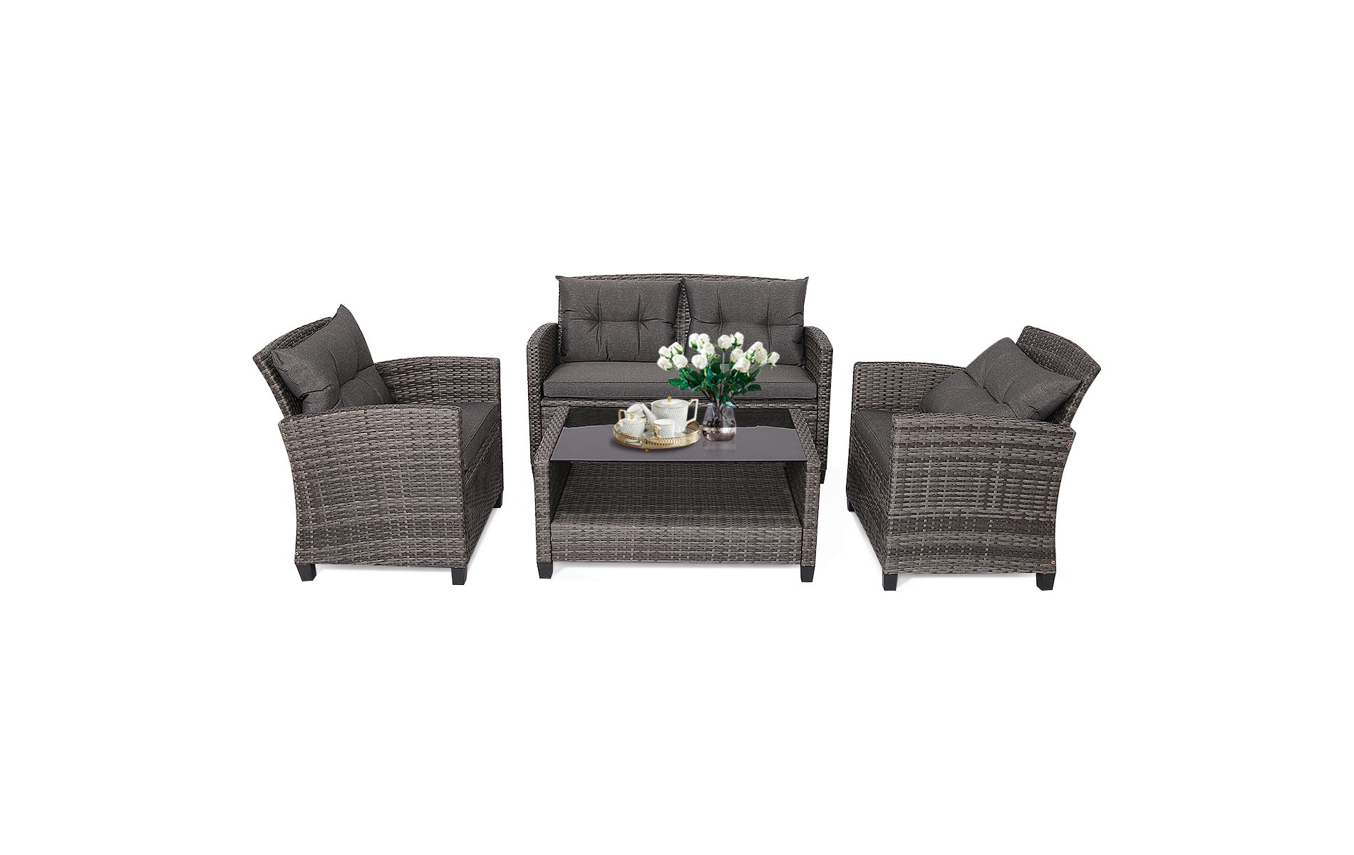 Tangkula 4-Piece Outdoor Patio Furniture Set Rattan Wicker Conversation Sofa Set with Coffee Table