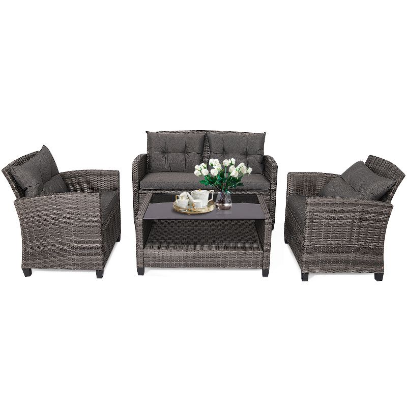 Tangkula 4-Piece Outdoor Patio Furniture Set Rattan Wicker Conversation Sofa Set with Coffee Table, 1 of 7