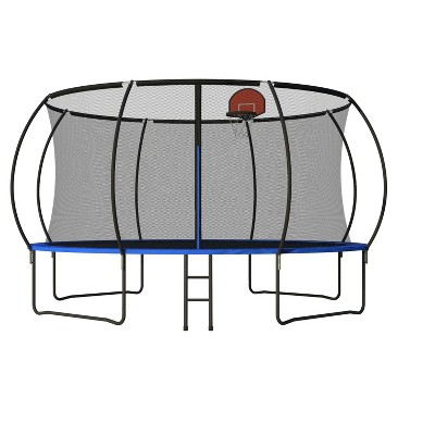 Belatt 14FT Pumpkin Trampoline with Basketball Hoop, Enclosure Net & Ladder – Black & Blue
