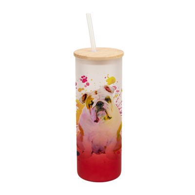 100 North 25 Ounce Frosted Glass Gradient Travel Tumbler With Straw & Wooden Lid, English Bulldog Paint Splatter Red