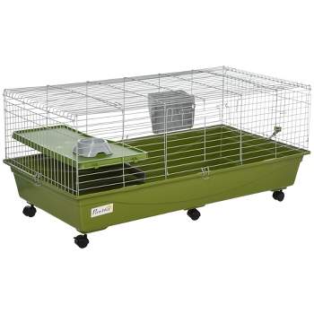 PawHut Small Animal Cage, Rolling Dwarf Bunny Cage, Guinea Pig Cage with Food Dish, Water Bottle, Hay Feeder, Platform, Ramp for Chinchilla