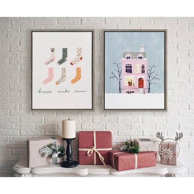 18" x 24" Pink Christmas House Canvas Print with Gray Frame