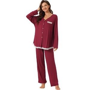 cheibear Women's Modal Casual Button Down Lounge Tops with Pants Stretchy Soft Pajama Sets - 1 of 4