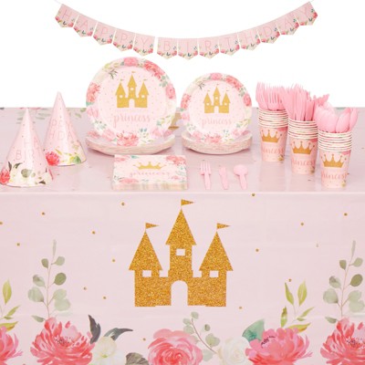 Blue Panda 194 Pieces Princess Themed Birthday Party Decorations with Dinnerware, Banner, and Hats (Serves 24)