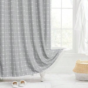 Modern Farmhouse Shower Curtain Set, Grey Boho Shower Curtains for Bathroom Decor, Vintage Rustic Thick Linen Fabric - 1 of 4