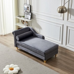 Modern Velvet Chaise Lounge Chair w/Storage&Round Pillow,Soft Upholstery,Easy Assembly,Stylish Gold Legs, for Bedroom, Living Room - 1 of 4