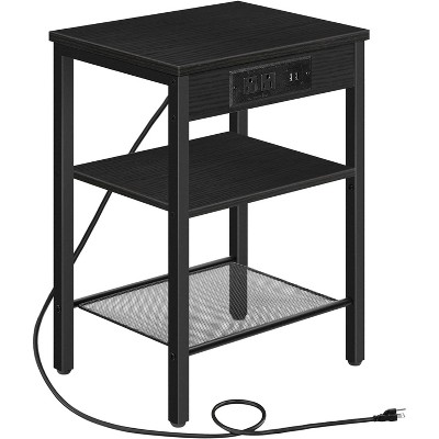 End Table with Charging Station and USB Ports, 3-Tier Nightstand with Adjustable Shelf