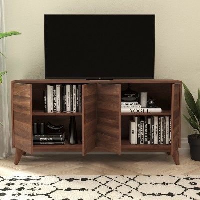 Hatfield Dark Walnut Mid-Century Modern 4-Door TV Stand with Adjustable Shelves