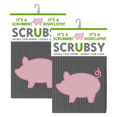 2pk Pig Print Dish Cloths with Scrubber Gray/Pink - MU Kitchen