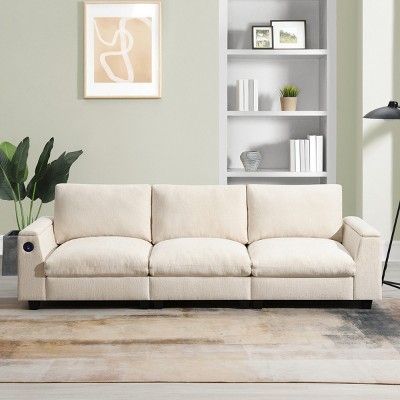 96''W Chenille Wide Seat Sectional Sofa,Comfy Cloud Couch Set With Drop Down Table,Cup Holders,USB Charger,Storage Armrest -Maison Boucle