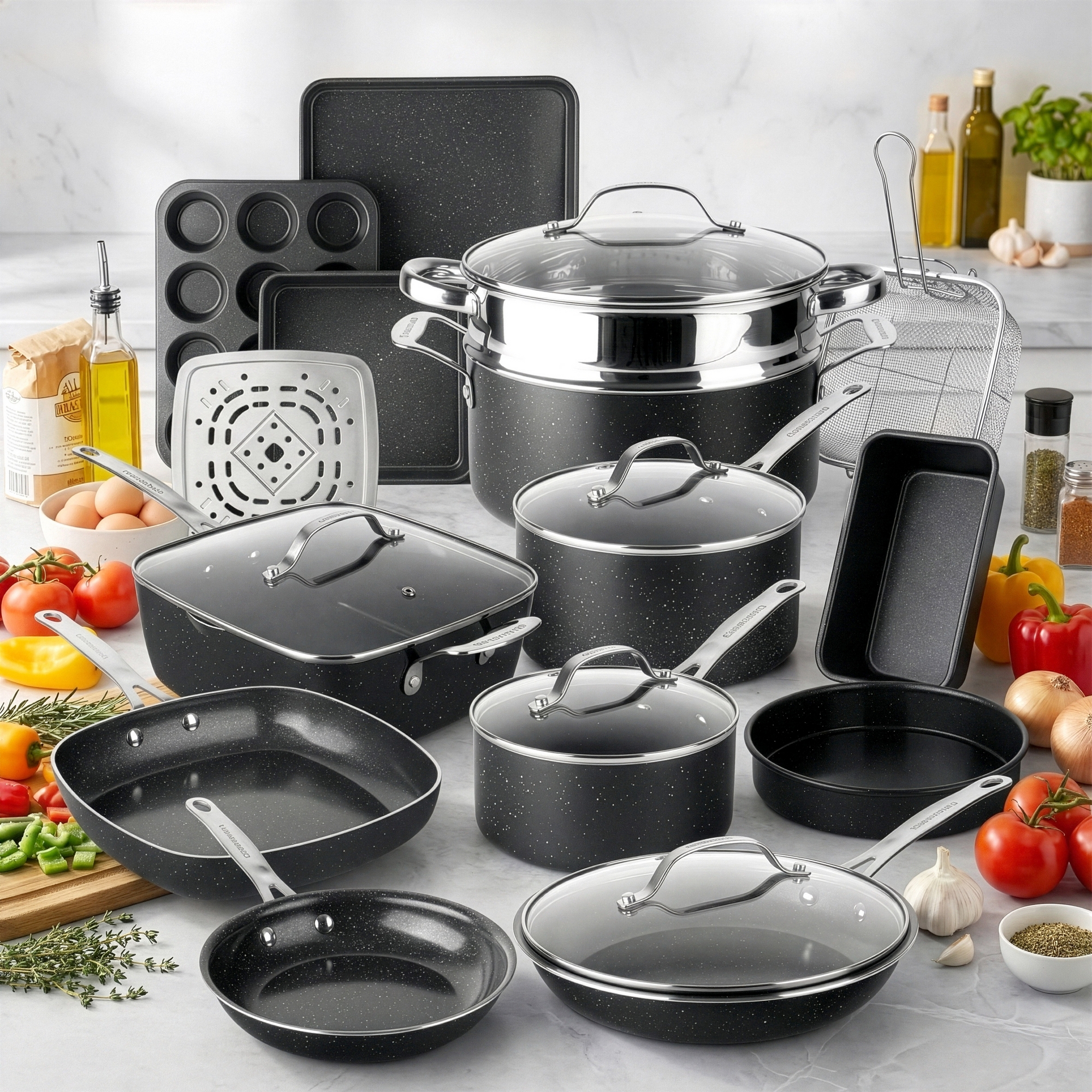 Granitestone Ceraluxe Pots and Pans Set 20 Pc Black Ceramic Nonstick Cookware and Bakeware Set