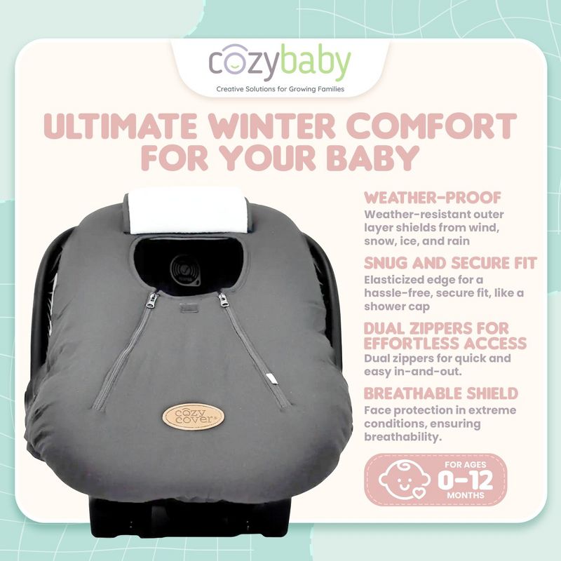 CozyBaby Original Baby and Infant Insulated Car Seat Cover with Dual Zippers and Elastic Edge with Dual Zipper Design and Pull-Over Flap, Charcoal, 2 of 7