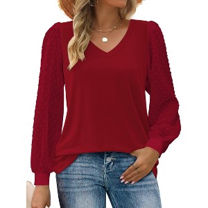 Zeagoo Women's Blouses Dressy Casual V Neck Top Swiss Dot Balloon Long Sleeve Shirts - 1 of 4