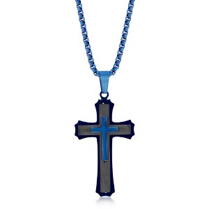 Metallo Mens Stainless Steel Black & Blue 3D Cross Necklace - Blue - 24 Inch - 1 of 3