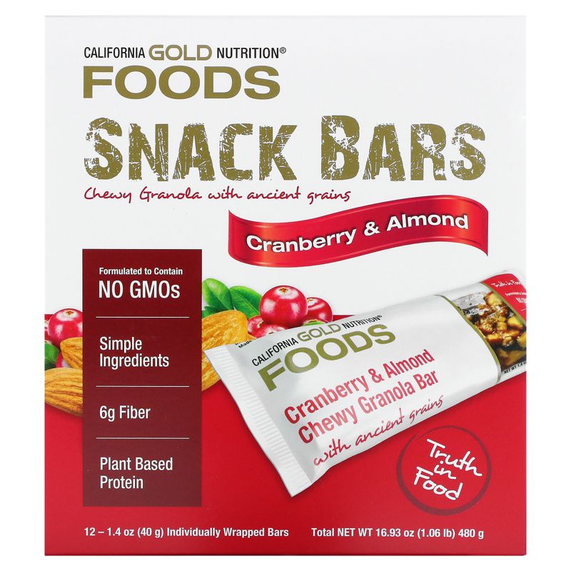 California Gold Nutrition FOODS, Cranberry & Almond Chewy Granola Bars, 12 Bars, 1.4 oz (40 g) Each, 2 of 3