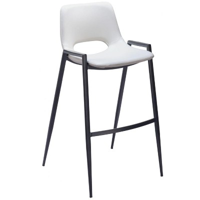 Faux Leather Barstool, 39" H White With Black Powder Coated Steel Frame and Armrests by Zuo Modern (Set of 2)