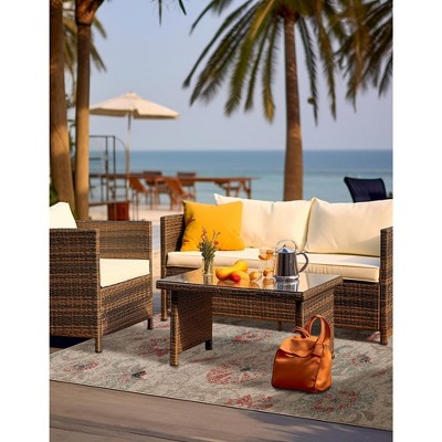Botanical Beige and Red Flat Woven Outdoor Rug