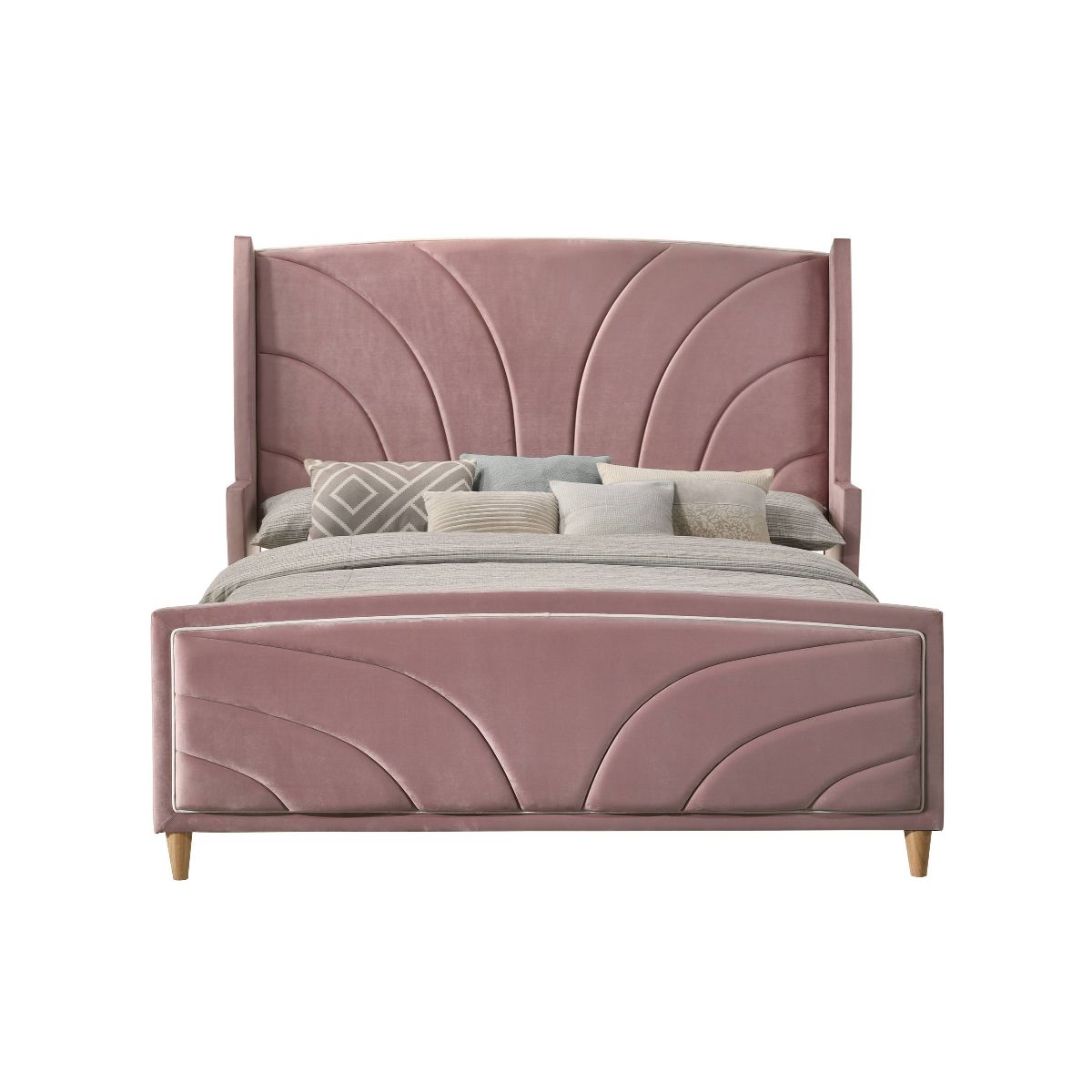 90" Eastern King Bed Salonia Bed Pink Velvet - Acme Furniture: Tufted Upholstered Platform, Glossy Finish, Metal Frame - thumbnail 5