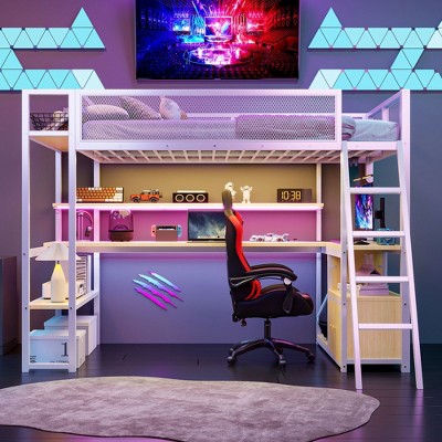 PAGED Full Size Loft Bed Simple Modern Pine Bed Frame with Desk, Shelves, Storage Stair and Guardrail for Bedroom