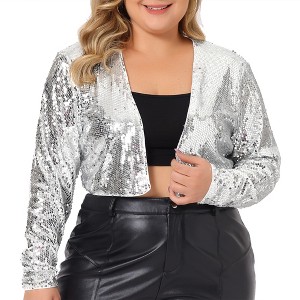 Agnes Orinda Women's Plus Size Sequin Party Open Front Long Sleeve Crop Cardigans - 1 of 4