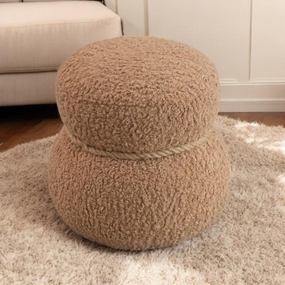 Alilang 16.14 inches Contemporary Round Upholstered Boucle Ottoman with Dual Cushion Design-Light Brown