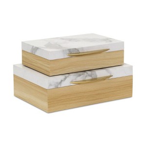 HomeRoots Set Of Two Natural And White Wood And Faux Marble Jewelry Boxes - 1 of 4