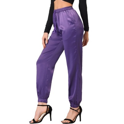 INSPIRE CHIC Women's Drawstring Elastic Waist Ankle Length Satin Joggers Pants with Pocket