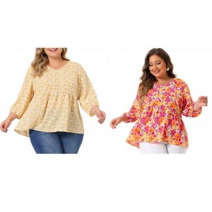 Women's Plus Size 2 Pieces V Neck Babydoll 3/4 Sleeve Pleat Floral Flowy Blouses - Agnes Orinda - 1 of 4