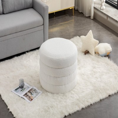 FURNIinspire Ottomans and Benches 007-Boucle Fabric Storage Round Ottoman Footstool With Wooden Shelving,Ivory, White, 23"*23"*17"